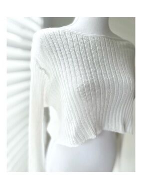 Cropped Ribbed Boatneck Sweater - White